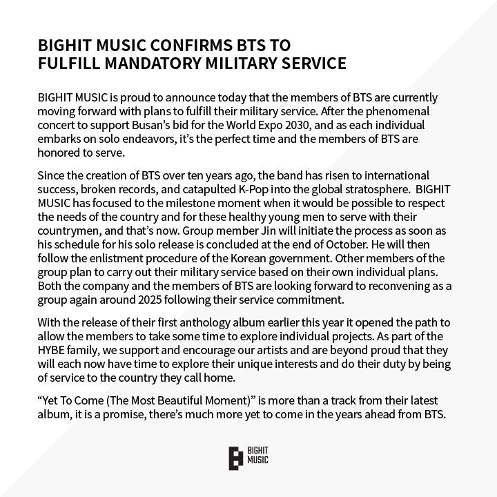 Comunicado oficial de la agencia Bighit Music.